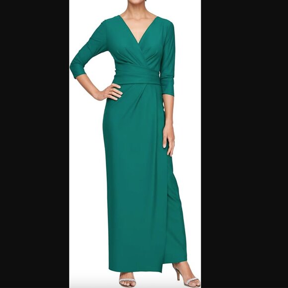 Alex Evenings Women's Slimming Emerald Green Teal ¾ Sleeve Side-Ruched Dress 14 - Picture 1 of 12